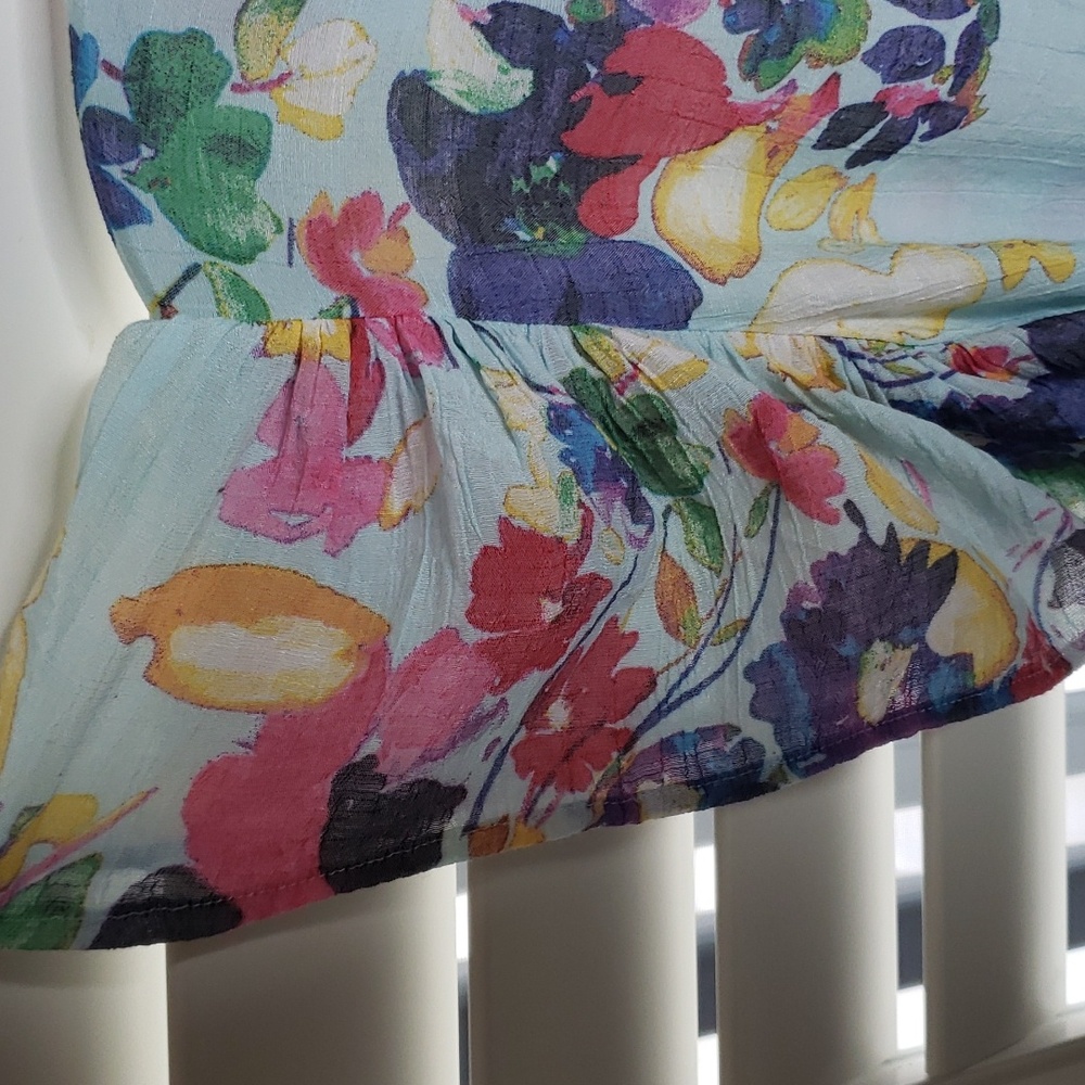 Zac & Rachel Side Ruffle Floral Top Blue Purple Pink Yellow Print Size L - Picture 4 of 7